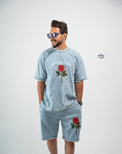 قیمت و خرید ست مردانه بهاره تیشرت شلوارک جین طرح گل روز کد100122 E101