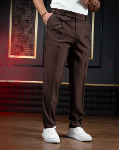 قیمت و خرید شلوار مردانه مجلسی پارچه بزیاق کمر شالی پوآنو رنگ قهوه ای کد 70116 D102